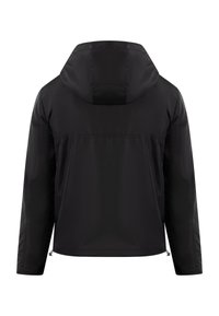 Giacca nera con cappuccio, dal tessuto morbido, con maniche lunghe e orlo con zip per una vestibilità regolabile. Il retro è semplice, senza loghi.