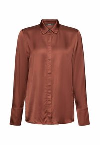 Langarm satijnen blouse in koperbruin met verborgen knoopsluiting, klassieke kraag en brede manchetten.