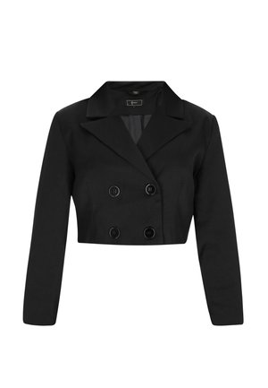 Sort cropped jakke med lange ærmer, dobbeltradet design, spidse krave og runde sorte knapper. Glat tekstur, formel stil.
