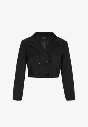Sort cropped jakke med lange ærmer, dobbeltradet design, spidse krave og runde sorte knapper. Glat tekstur, formel stil.