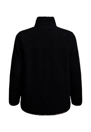 Czarna polarowa kurtka z teksturowanym, miękkim materiałem. Posiada wysoki kołnierz, długie rękawy i zaokrąglony dół, z wzorzystą podszewką.