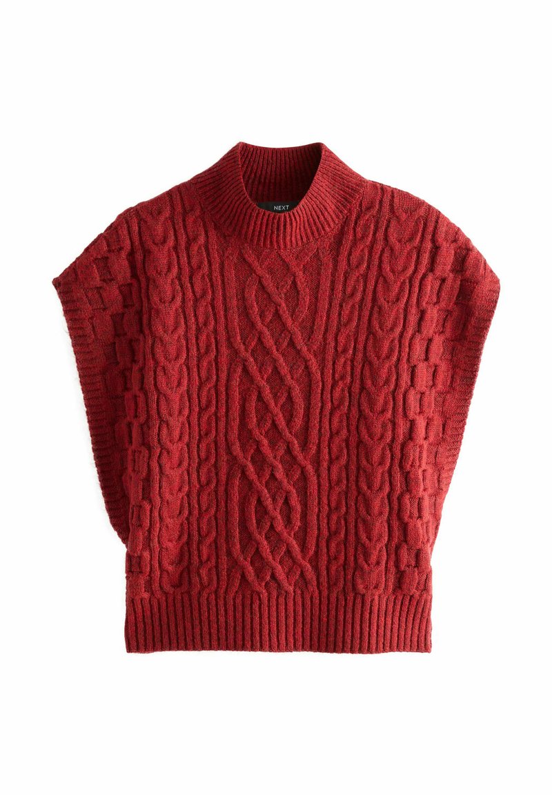 Pull rouge en tricot avec col haut, manches courtes et motifs en torsades texturés. Ourlet inférieur côtelé pour un contraste.