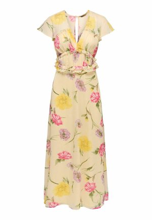 Robe longue jaune à fleurs roses et violettes, taille et encolure froncées, et manches courtes évasées.