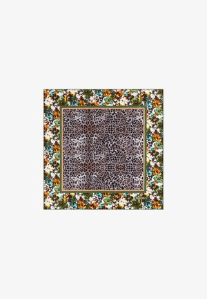 Leopard print textile centered within a floral patterned border featuring green, orange, and white colors. Material appears soft and textured.