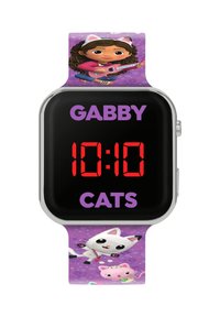 Orologio digitale con quadrante rettangolare nero, display LED rosso e cinturino in silicone viola a motivo con personaggi dei cartoni animati e testo.