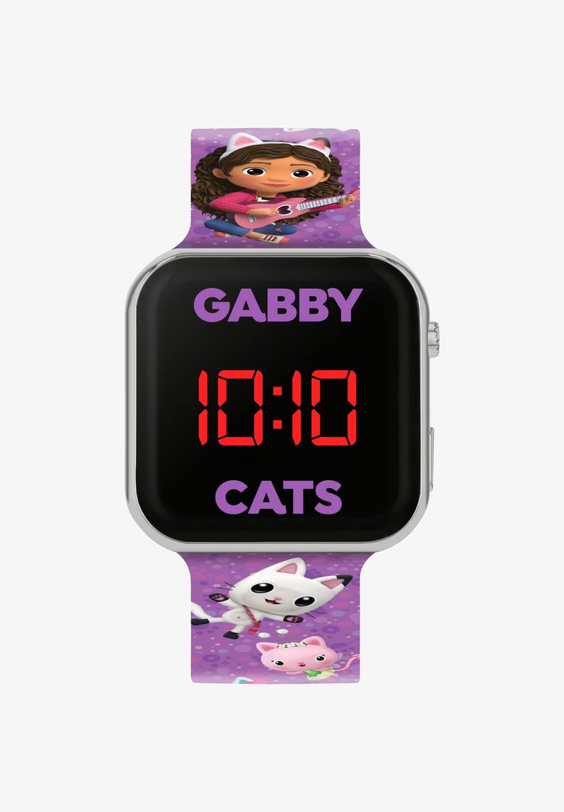 Montre numérique avec un cadran rectangulaire noir, un affichage LED rouge et un bracelet en silicone violet à motifs, comportant des personnages de dessins animés et du texte.