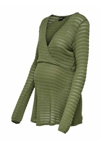 Olivengroen zwangerschapsblouse met lange mouwen, wikkelontwerp en geribbelde textuur. Heeft een losse pasvorm die over de buik valt.