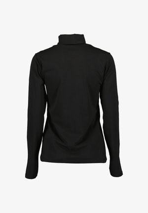 Zwarte langslouwen top met een opstaande kraag, gemaakt van zachte stof en voorzien van een gladde textuur en een aansluitende pasvorm. Geen zichtbare logo's.