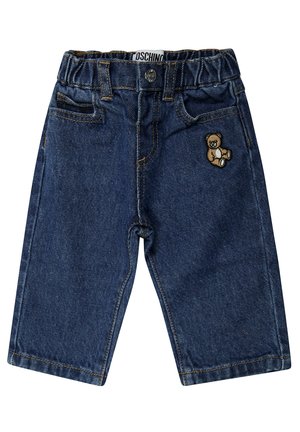 Jeans in denim di un blu scuro con una struttura morbida, caratterizzati da un ricamo di orsetto sulla tasca frontale e una cintura elastica per il massimo comfort.
