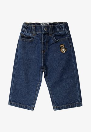 Jeans in denim di un blu scuro con una struttura morbida, caratterizzati da un ricamo di orsetto sulla tasca frontale e una cintura elastica per il massimo comfort.
