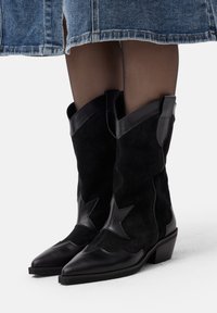 Botoși cowboy din suede negru cu accente de piele, vârful ascuțit și toc mic pătrat. Prezintă detalii în formă de stea pe părți.