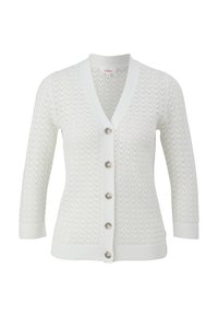 Cardigan en maille blanche avec col en V, cinq boutons ronds, manches trois-quarts, et un motif en dentelle festonnée sur toute la surface.