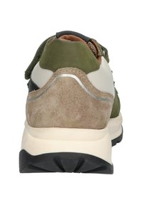 Groene en beige sport schoenen hebben een bovenwerk van suede en synthetisch materiaal, een gevoerde kraag en een gestructureerde zwarte rubberen zool. Zilveren accenten zijn inbegrepen.