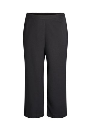Schwarze verkürzte Hose mit elastischem Bund, aus glattem Stoff gefertigt. Sie hat einen geraden Schnitt und zwei Vordertaschen.