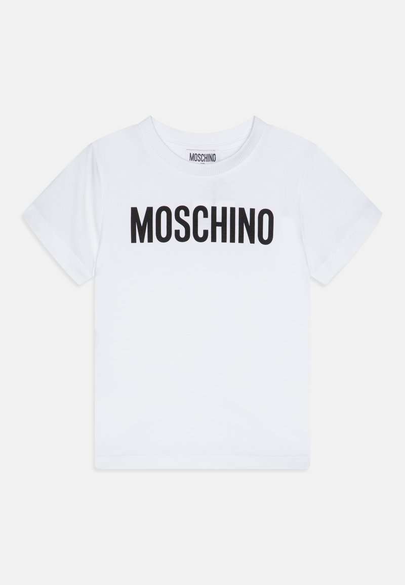 White cotton t-shirt featuring short sleeves and a round neckline, with "MOSCHINO" printed in bold black letters across the front.