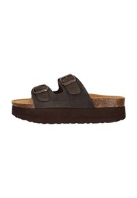 Sandal con zeppa in suede marrone, dotata di due cinturini regolabili con fibbie. Presenta una soletta in sughero e una suola in gomma spessa e texturizzata per garantire comfort.