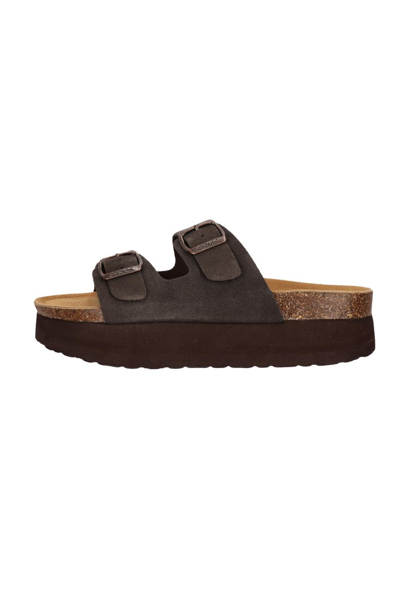 Sandal con zeppa in suede marrone, dotata di due cinturini regolabili con fibbie. Presenta una soletta in sughero e una suola in gomma spessa e texturizzata per garantire comfort.