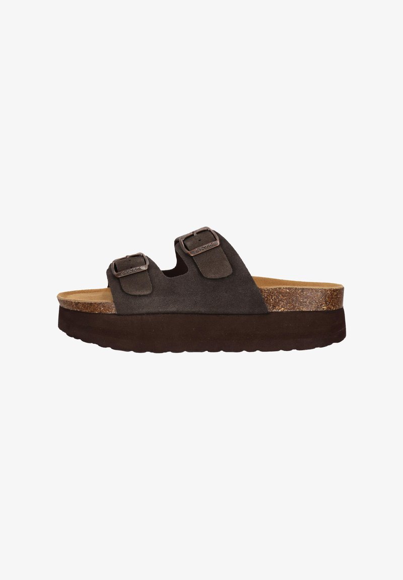 Sandal con zeppa in suede marrone, dotata di due cinturini regolabili con fibbie. Presenta una soletta in sughero e una suola in gomma spessa e texturizzata per garantire comfort.