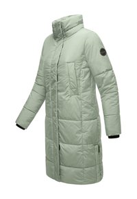 Padded coat in light green, featuring a high collar, front zip, side pockets, and black cuffs. Smooth texture with quilted pattern.