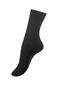 Calzino in cotone nero con una texture liscia, design di lunghezza media e la parola "COMFORT" stampata in grigio sul lato.