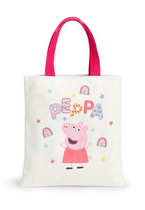 Leinen-Tote-Bag mit pinkfarbenen Griffen. Enthält ein Cartoon-Schwein in einem roten Kleid, umgeben von buntem Text, Regenbögen und Sternen auf einem hellen Hintergrund.