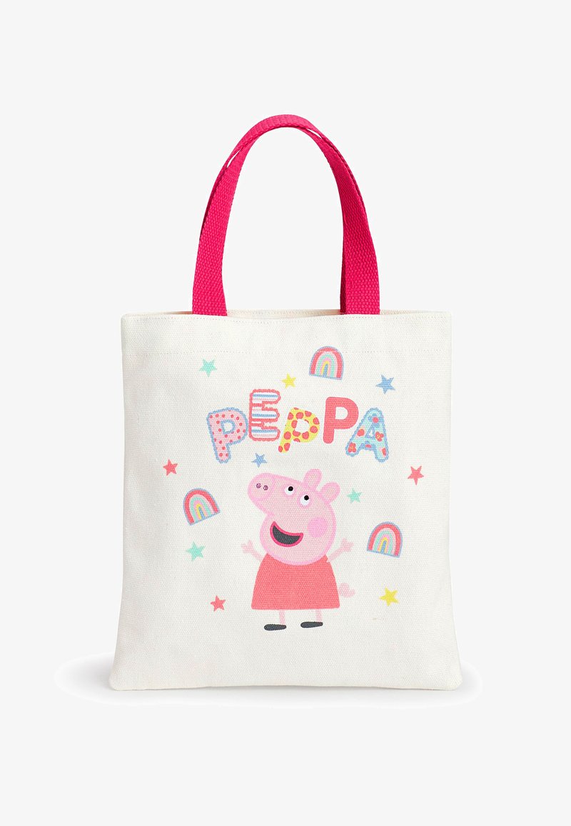 Canvas tote bag with pink handles. Features a cartoon pig in a red dress, surrounded by colorful text, rainbows, and stars on a light background.