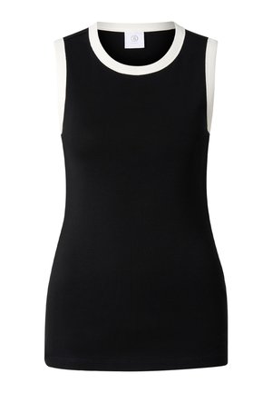 Sort ærmeløs tanktop med hvid kant rundt om ærmegab og halsudskæring, tætsiddende stil med rund hals.