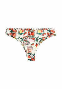 Geprinte bikini-botten met een witte achtergrond en kleurrijke illustraties van tomatenblikken, met gerafelde randen en een medium dekking ontwerp.