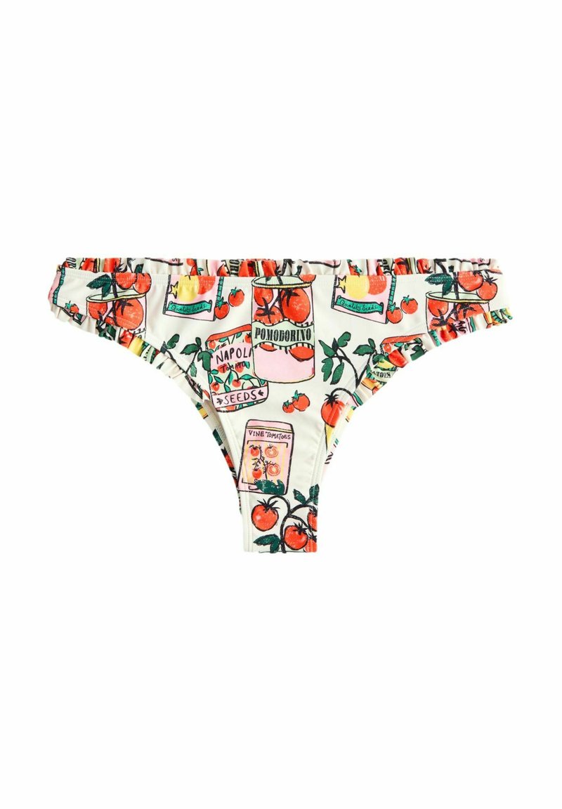 Geprinte bikini-botten met een witte achtergrond en kleurrijke illustraties van tomatenblikken, met gerafelde randen en een medium dekking ontwerp.