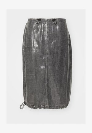 Musta, teksturoitu midi-hame, jossa on ruutukuosi, naruvedolla oleva vyötärö ja läpinäkyvä, hieman kiiltävä materiaali. Rentoa muotoilua sivusaumojen kanssa.