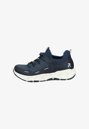 Navy athletic shoe with a textured synthetic upper, elastic laces, and a white cushioned sole featuring rubber grips and a pull tab.