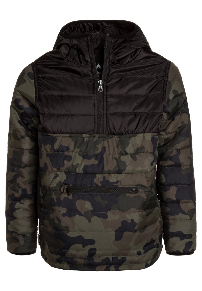 Ocieplana kurtka maskująca z czarną, zapinaną na zamek górną częścią i przednią kieszenią. Materiał ma gładką fakturę i lekki design.