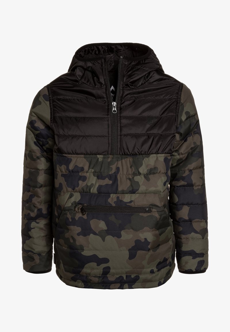 Ocieplana kurtka maskująca z czarną, zapinaną na zamek górną częścią i przednią kieszenią. Materiał ma gładką fakturę i lekki design.