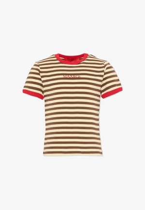 T-shirt à manches courtes rayé marron et beige avec col et poignets rouges, arborant le logo rouge "MAX&Co." sur la poitrine.
