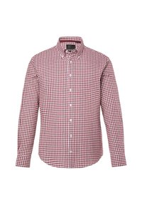 Rood-wit geruit overhemd met knopen, lange mouwen, kraag, zachte katoenen stof, klassieke pasvorm, gelijkmatig verdeeld ruitpatroon.
