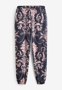 Navy blue elastic-waist pants with pink floral and ornamental baroque patterns, cuffed ankles, and a relaxed fit.