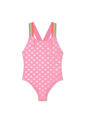 Maillot de bain une pièce rose avec des motifs métalliques de coquillage, des bretelles épaisses rayées de plusieurs couleurs, et une texture de tissu lisse et extensible.