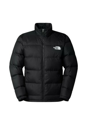 Schwarze North Face Daunenjacke mit durchgehendem Frontreißverschluss und hohem Kragen, mit Logo auf der linken Brust.