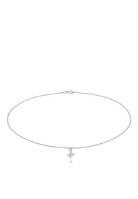 Silberne Halskette mit feiner Kette und kleinem Kreuzanhänger mit dekorativen Akzenten. Glatte Textur und minimalistisches Design.