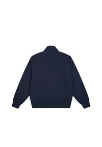 Navy blue bomber jacket with a collar, elastic cuffs, and hem. Made of smooth, lightweight fabric; minimalist design, no visible hardware.