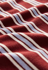 Tissu en coton avec des rayures ondulées en bordeaux, bleu clair et blanc. Il présente une surface côtelée texturée avec des couleurs et motifs alternés.