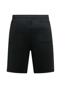 Zwarte sportshorts met een elastische tailleband, één achterzak, een gladde textuur en een knielange snit.