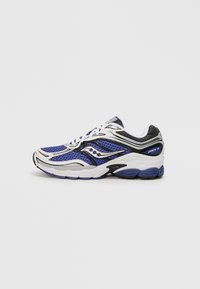 Running shoes in black, white, and purple with a mesh upper, cushioned sole, and a sleek design featuring silver accents.