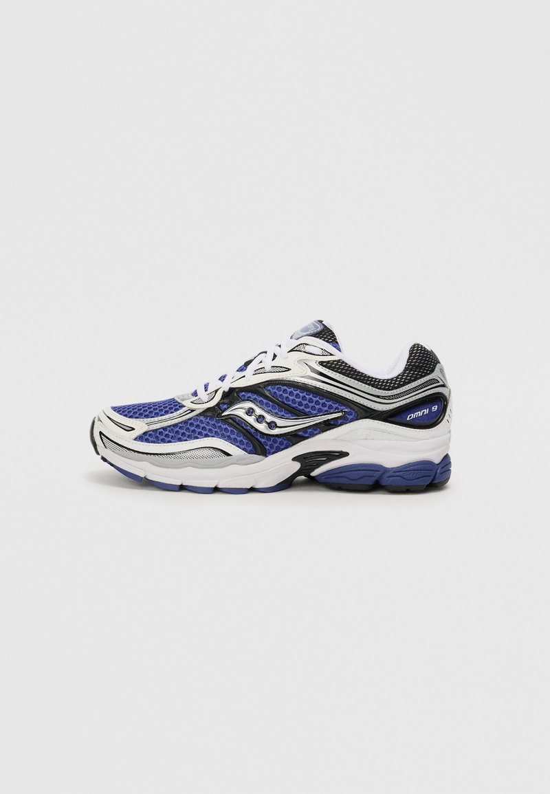 Running shoes in black, white, and purple with a mesh upper, cushioned sole, and a sleek design featuring silver accents.