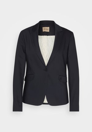 Navy blazer made of smooth fabric with a notched lapel, two front pockets, and a patterned light-colored lining. One button closure.