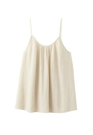 Haut ample sans manches de couleur crème, avec de fines bretelles spaghetti et un encolure froncée, confectionné dans un tissu léger à texture.