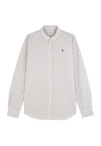 Lysfarvet stribet skjorte med knapper og krave, prydet med lodrette beige og hvide striber samt et lille broderet logo på brystet.