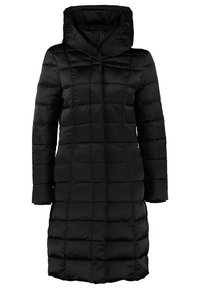 Schwarze Daunenjacke mit Kapuze, mit gestepptem Design, langen Ärmeln und Reißverschluss. Glatte Textur und knielanger Schnitt.