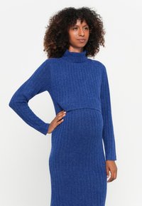 Blue ribbed knit dress with a mock turtleneck, long sleeves, and a fitted silhouette, designed for comfort. Soft texture and mid-length.