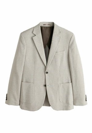 Men's beige and brown houndstooth patterned blazer with notch lapels, two-button front, and flap pockets, displayed on a white background.